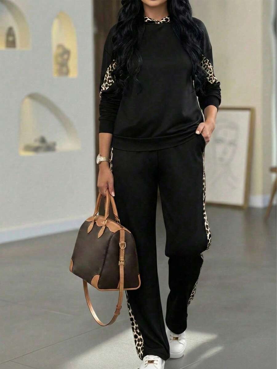 两件套女士豹纹拼接修身休闲运动裤套装，适合日常穿着，也适合情人节、狂欢节、斋月等节日，从春季到夏季皆可穿着。 - 黑色1 - 查看 1