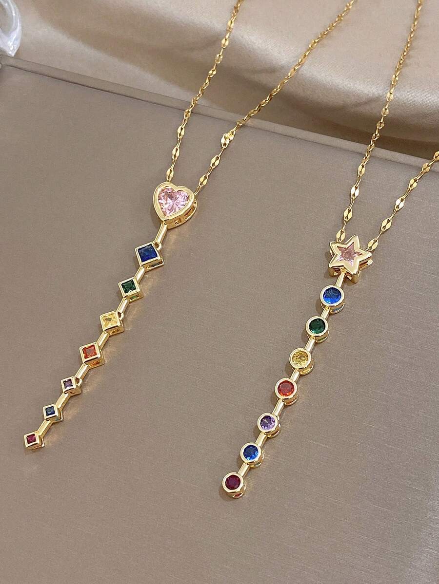 彩色锆石心形吊坠项链,女士星形Y字链项链,适合圣诞节、日常佩戴、派对、母亲节、情人节等场合的珠宝套装 - 彩色 - 查看 1