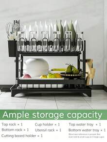 Large-Capacity Double-Layer Kitchen Storage Rack - Metal Dish And Utensil Rack With Drainage Function, Suitable For Bowls, Cups, Cutting Boards - Black - View 6