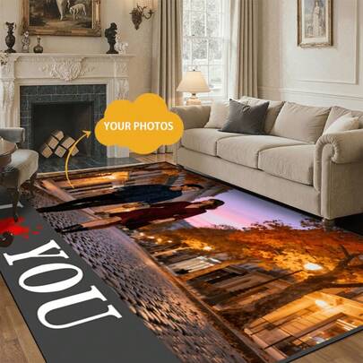 1pc Personalized Photo & Text Rug - Name// With Your Own Picture & Text - Anti-Slip Backing - Carpet Mat Suitable For / Use In Living Room, Bedroom, Kitchen, Bathroom - Machine Washable, Durable & Washable