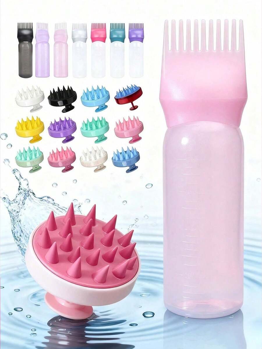 护发套装：喷雾瓶（200毫升/300毫升）、梳子瓶、染发剂和护发油瓶 - 染发剂瓶和头皮按摩梳，头皮清洁器和头部按摩器，缓解压力，促进头发生长，男女通用沐浴刷 - 让洗发更轻松快捷，适合家庭和沙龙使用