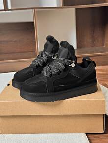 Giày bốt leo núi đế dày dành cho nữ, cổ lông giả, kiểu bốt đi tuyết mới, giày buộc dây lót lông cừu. - màu đen - Xem 8