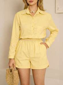 Women's Linen Dress Set (Shorts And Shirt) - 黃色 - 查看 3
