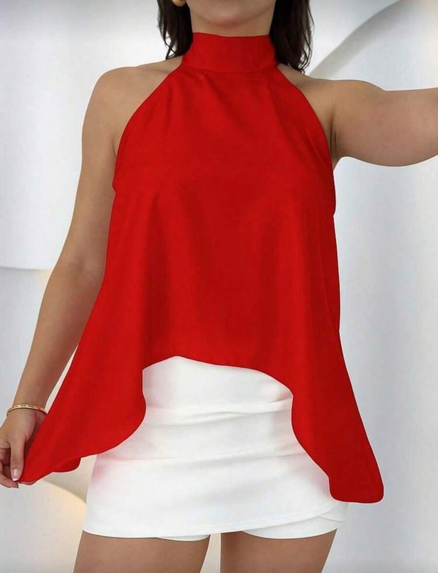 Women's Cropped Blouse With Tie At The Neck - 紅色 - 查看 1