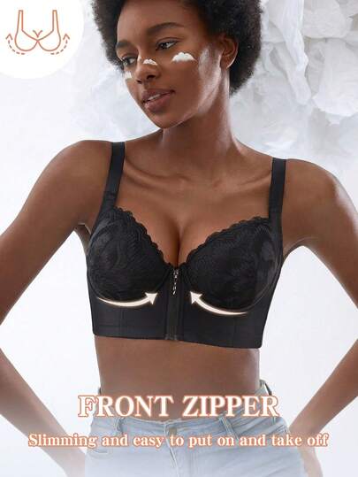 Reggiseno push-up con ferretto in pizzo nero da donna - Cerniera frontale e design snellente, facile da indossare e togliere