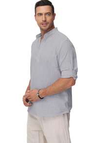 Men's Cotton Linen Long-Sleeved Shirt - 灰色 - 查看 2
