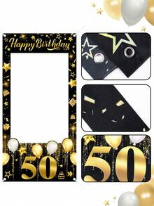 1件黑色金色亮片生日派對拍照道具，60x120cm 50歲生日快樂拍照相框背景布，聚酯纖維布料，50歲生日派對裝飾適用於男女，生日派對用品，2D平面 - 彩色 - 查看 10