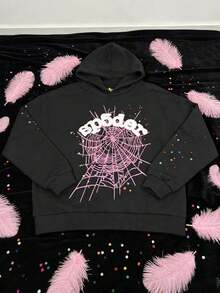 1pc Anime Spider Flash Casual Simple Black Pink Hooded Long Sleeve Warm Lining Loose Thick Sweatshirt, Suitable For Women In Autumn And Winter - màu đen - Xem 5