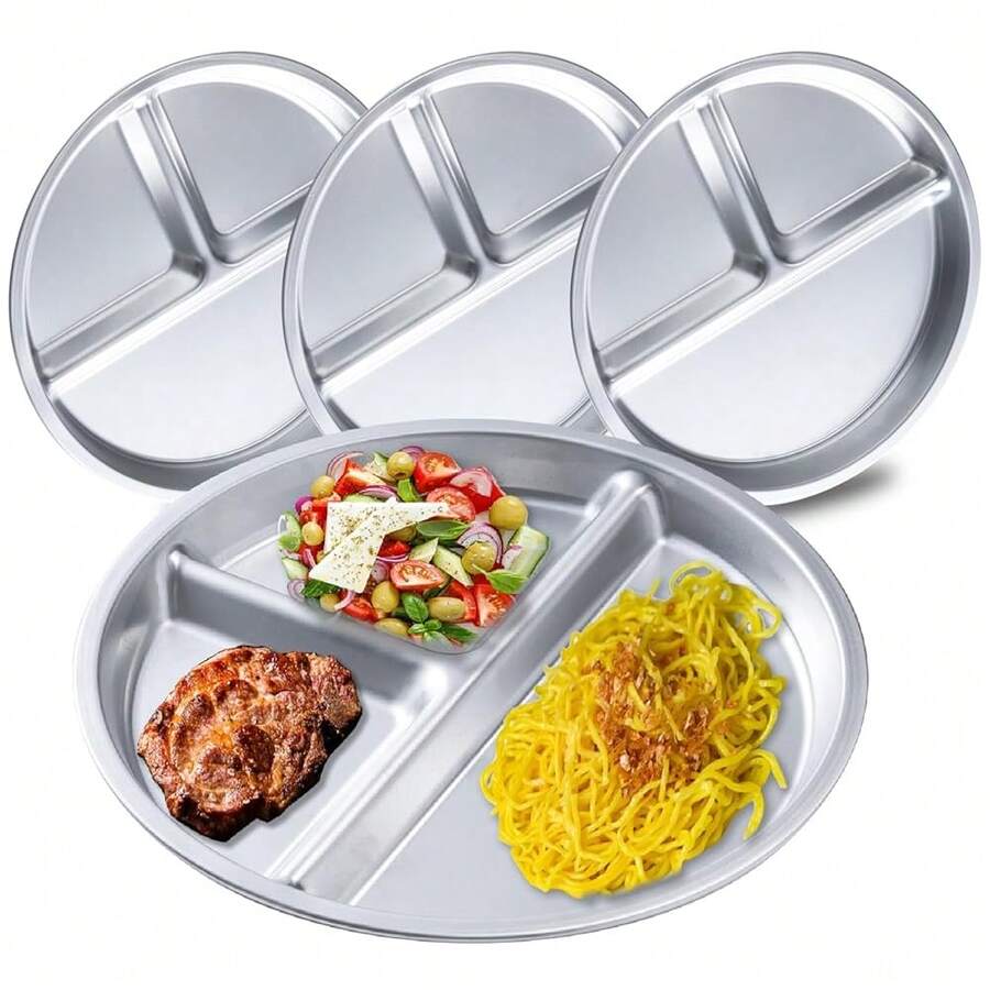 4 Pack 304 Stainless Steel Divided Plate, 8 Inch 3 Section Round Divided Plates Portion Control Plates Partition Plate For Adults, Camping, Picnic, Home, Silver - Bạc - Xem 1