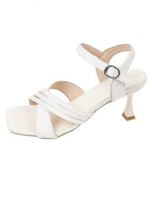 Square Toe Chunky Heel Sandals, Suitable For Teenage Girls Daily Wear, Featuring Criss-Cross And Ankle Straps - White - View 11