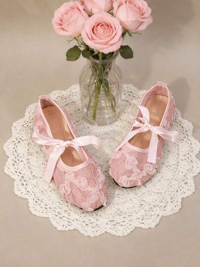 1 par, Bailarinas para adolescentes, decoración de lazo y flor de encaje 3D, material de malla, transpirable y cómodo, puntera redonda de corte bajo con cordones, suela plana, estilo de princesa dulce, para fiesta de verano/estilo de niña de las flores para boda