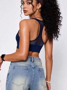 Runway Rest 1pc Ladies Blue Zipper Front Seamless Padded Sports Bra - Navy Blue - View 3