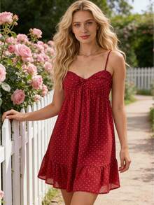 Vestido lencero para mujer, tirantes finos, espalda descubierta, estampado de lunares, holgado, minivestido de verano para discoteca - Rojo - Ver 1