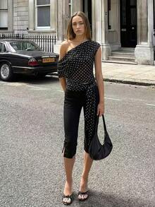 HoloChill 女士休闲波点蝴蝶结肩带上衣，2026 新款百搭弹力腰衬衫，夏季休闲装，女士春季服装，女士假日派对上衣，女士沙滩装，女士优雅夏季度假上衣 - 黑色 - 查看 6