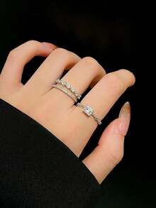 6件套奢华优雅精致小众时尚水钻心形及几何圆形铜合金戒指套装，适合女性日常及节日佩戴 - 六件組戒指-B款 - 查看 9