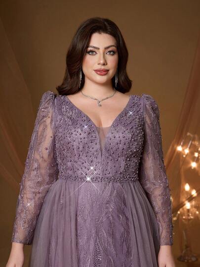 Anpoket,Plus Size Women Mauve Tulle Maxi Elegant Dress, V-Neck Long Sleeve Beaded Formal Gown For Wedding, Evening, Date,Party, Vacation & Festival