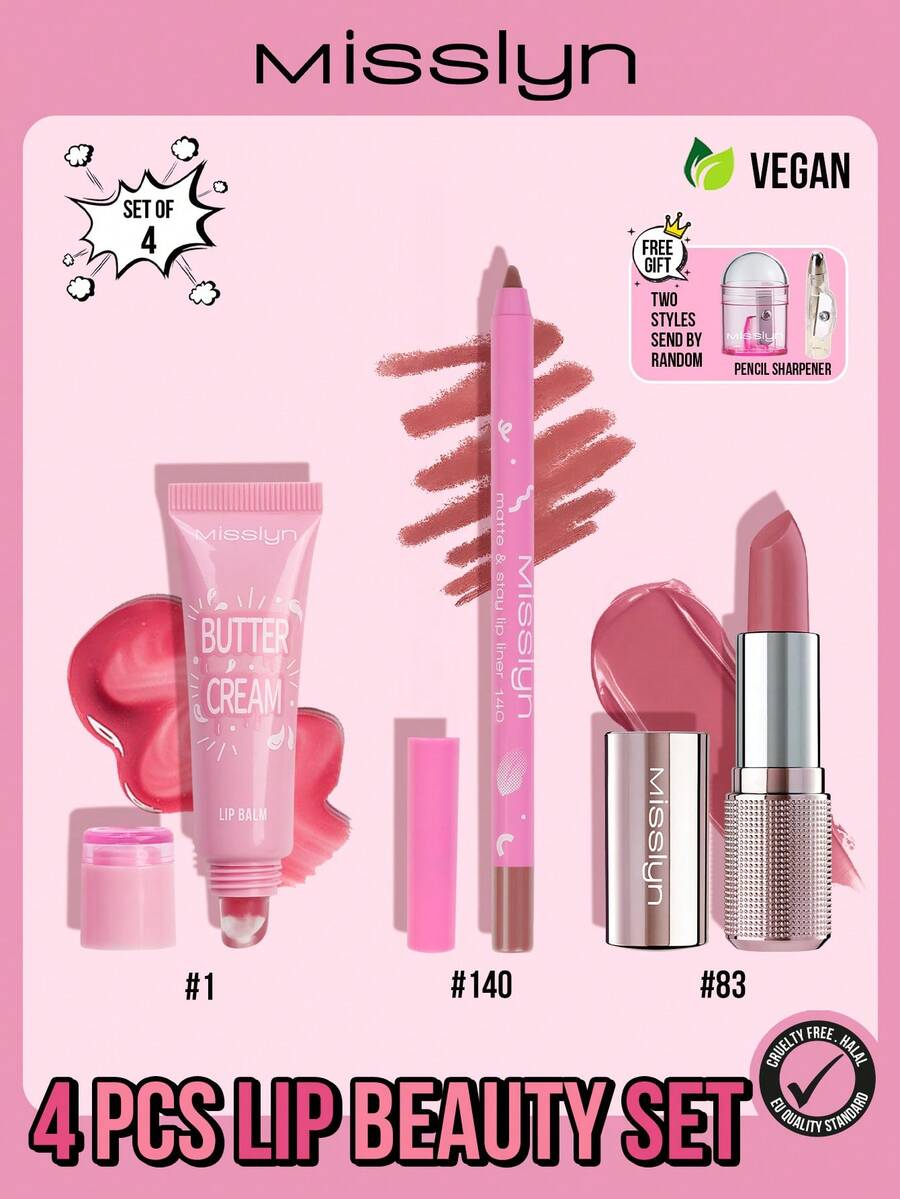 MISSLYN 4 件套唇部彩妆套装，包括润唇膏、唇膏、哑光持久唇线笔、哑光持久唇线笔、唇油唇彩、唇油润唇膏。 - #1+#83+#140 - 查看 1