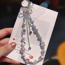 防震蝴蝶结 1 件装 水晶蝴蝶结流苏仿珍珠手机挂绳，独特小批量手机壳挂饰，串珠手链腕带，女士户外旅行购物防丢手机挂绳带夹子生日礼物派对 - 彩色 - 查看 9