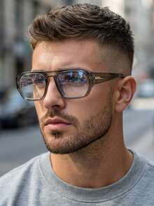 1 Pair Men's Black Square PC Frame Vintage Solid Color Double Bridge Clear Lens Glasses - Translucent Gray-green - View 3