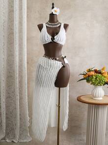 3-częściowy biały, teksturowany komplet bikini (w tym narzutka plażowa z wysokim rozcięciem), zdobiony muszlą, w stylu boho, seksowny i wyszczuplający, strój kąpielowy na letnie wakacje na plaży - Biały - Zobacz 1