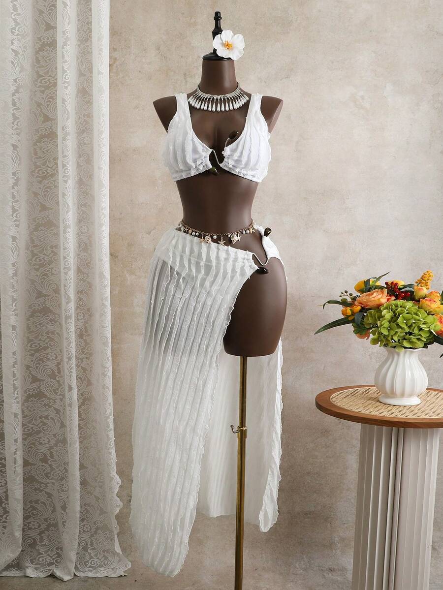 3-częściowy biały, teksturowany komplet bikini (w tym narzutka plażowa z wysokim rozcięciem), zdobiony muszlą, w stylu boho, seksowny i wyszczuplający, strój kąpielowy na letnie wakacje na plaży - Biały - Zobacz 1