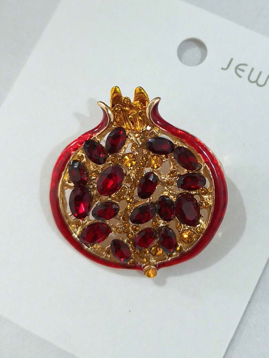 1pc Red Resin Faux Crystal Pomegranate Fruit Metal Brooch - Multicolor - View 1