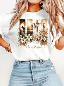 Easter Gift Women's Elegant Style Short Sleeve Easter Religious Theme Printed Pattern Round Neck Women's Comfortable Soft Breathable New Spring Summer - 白色 - 查看 1