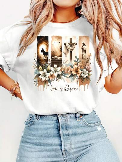 Elegant Women'S Short Sleeve T-Shirt |   Comfortable, Soft, Breathable, Medium Stretch Fabric, Crew Neck, Vintage Style, Easter Religious Theme Print, Perfect For Spring/Summer/Fall