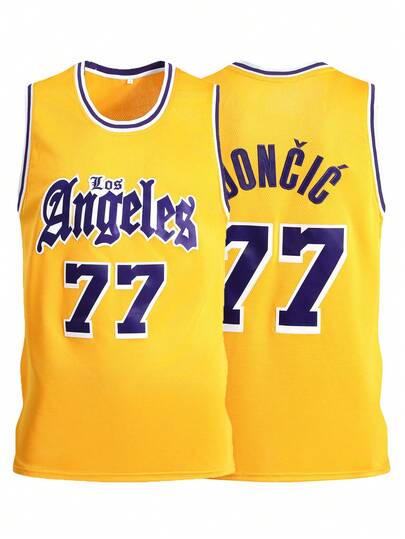 Atonmore 男士篮球背心，77号黄色刺绣篮球背心，无袖休闲运动衫（春季款）