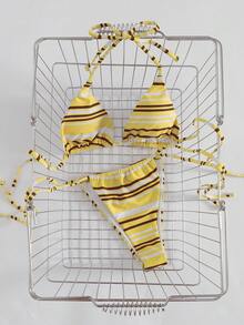 女士性感简约青春两件式泳衣套装，条纹印花挂脖系带比基尼，适合海滩、度假、约会，春夏新品 - 黃色 - 查看 1