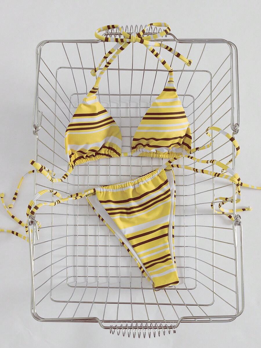 女士性感简约青春两件式泳衣套装，条纹印花挂脖系带比基尼，适合海滩、度假、约会，春夏新品 - 黃色 - 查看 1