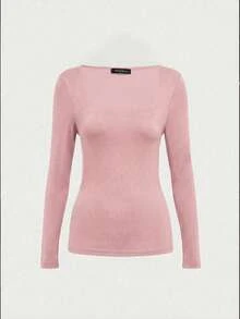 优雅、基础、简约、复古风、休闲日常、秋季双面针织方领打底衫，长袖打底衫，女士粉色春季T恤 - 粉色 - 查看 4