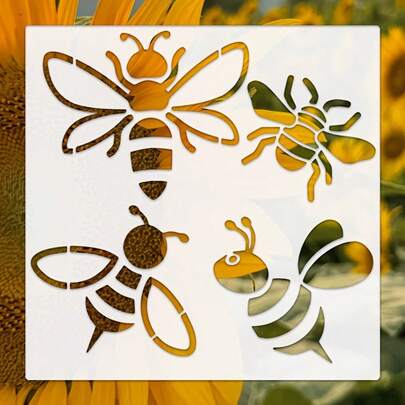 11.81英寸 x 11.81英寸 4片装卡通蜜蜂绘画模板，DIY艺术工艺品，喷枪和喷涂模板，可重复使用，适用于瓷砖、服装、家具、地板、墙壁、雕塑、园艺