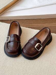 儿童男女通用套脚平底乐福鞋，带金属扣 - 棕色 - 查看 2