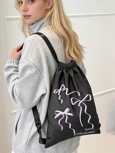 Cute Style Bow Print Women's Backpack Foldable Shoulder Bag With Fixed Straps & Closure | Large Capacity Lightweight Fashion Backpack For Daily Use | Versatile Foldable Design For Easy Storage & Travel | Durable Comfortable Shoulder Bag For Shopping, School & Work | Perfect Gift For Fashionable Women & Teens