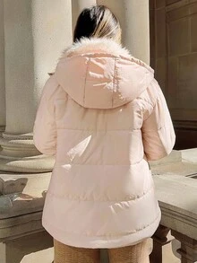 女士连帽毛领拼接休闲通勤羽绒服，秋冬款 - 杏色 - 查看 5