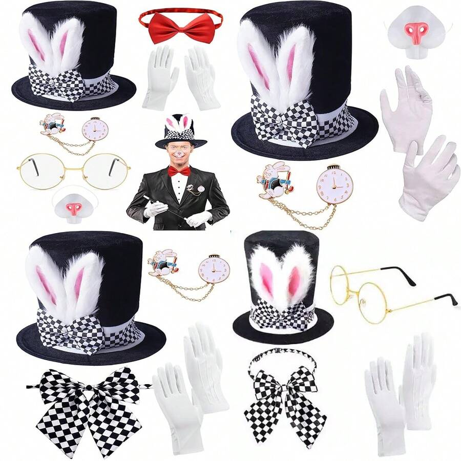 1pc/4pcs/6pcs White Rabbit Costume Set Includes Rabbit Ear Headband, Plush Hat, Clock Glasses, Bow Tie Gloves, Rabbit Nose, Easter Party Outfit - Men - View 1