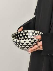 1pc Minimalist Geometric Line Pattern Ceramic Soup/Salad Bowl, Large Capacity Handpainted Line Design Dining Bowl - Multicolor - View 13