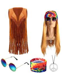 4 pièces Tenue de fête hippie Top à franges + Bandeau coloré + Collier et boucles d'oreilles signe de paix Style bohème, festival de musique, costume thème rétro - Multicolore - Voir 5