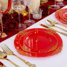 102PCS Red And Gold Plastic Plates - Red Plates Disposable - Vintage Plastic Plate With Gold Rim Include 51PCS Dessert & 51PCS Dinner Plate Perfect For Weddings & Party & Valentine's Day - Red - View 6