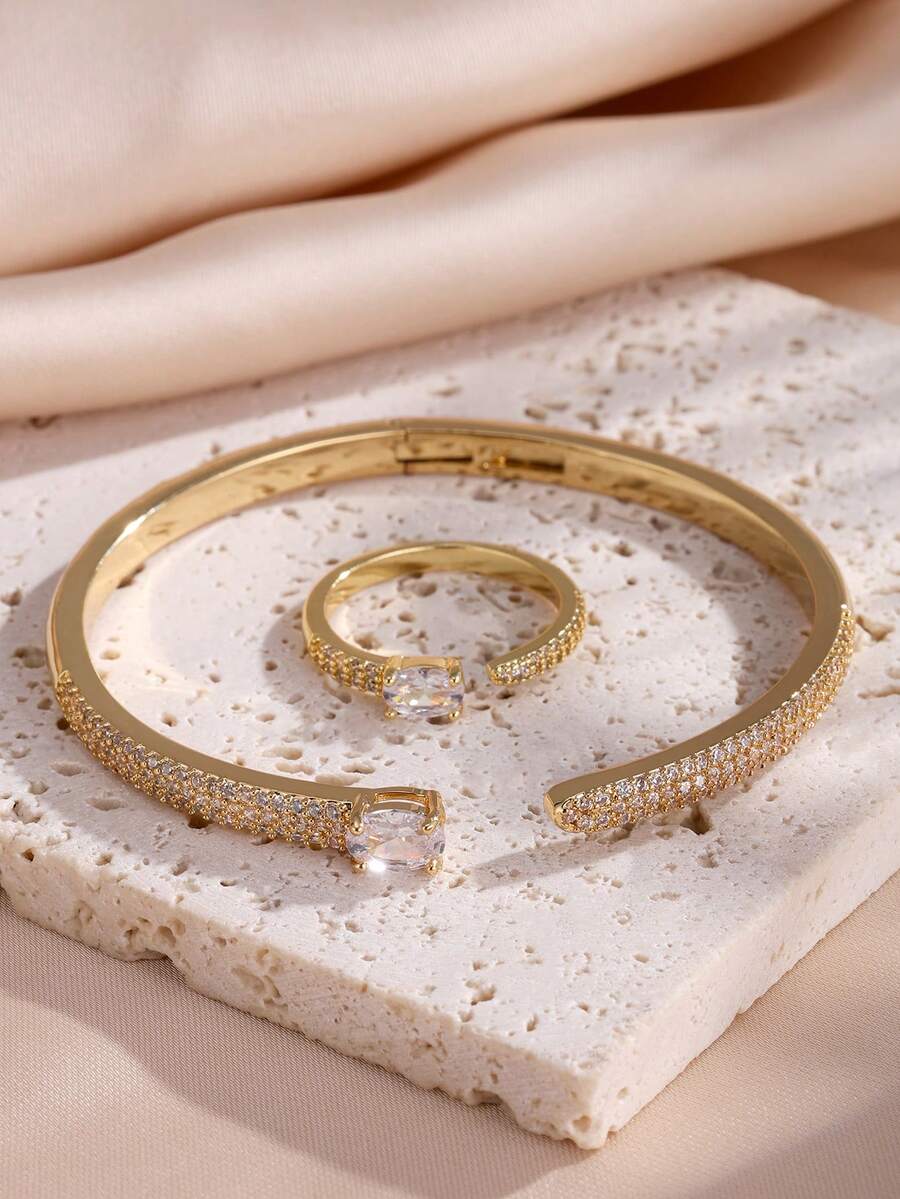 rakol 2pcs Fashionable Cubic Zirconia Asymmetrical Decor Ring & Bracelet Set - Gold - View 1