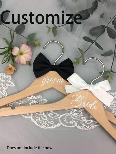 1pc/2pcs Wooden Wedding Dress Hanger, Suitable For Bride & Groom Suit And Off-Shoulder Dress, With Ribbon, Perfect For Wedding Dress, Suit, Wedding Accessories, Wedding Decor