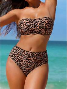 Sexy High Waist Leopard Print Bandeau Bikini 2 Pieces Swimsuit, European & American Style - Multicolor - View 2