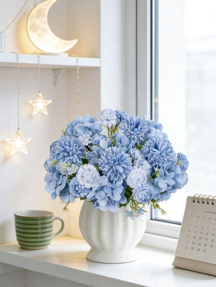 1/80支装仿真菊花、绣球花、人造植物,适用于家居、餐厅、客厅、户外花园装饰,母亲节礼物、生日礼物、毕业礼物、婚礼季、插花、摄影道具,秋季、春季适用,可插花、花墙 - 藍色 - 查看 1