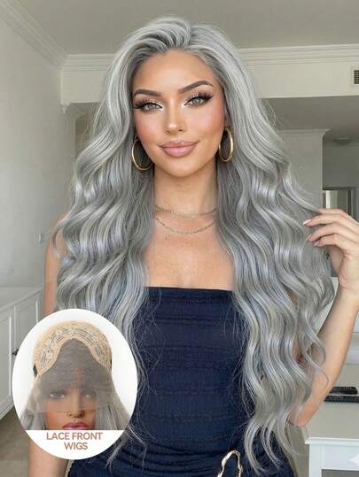 Long Curly 13*4 Lace Wig Silver Grey Fluffy Curly Heat Resistant Synthetic Lace Front Wig Perfect For Date Daily Wear & Special Occasions