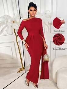 AIJ Amarilo Women's Elegant Knit One Shoulder Draped Cape Bodycon Maxi Dress – Perfect Valentine's Day Gown, Wedding Guest Attire, Carnival Party Outfit & Summer Event Party Dress - Jujube Red - View 1