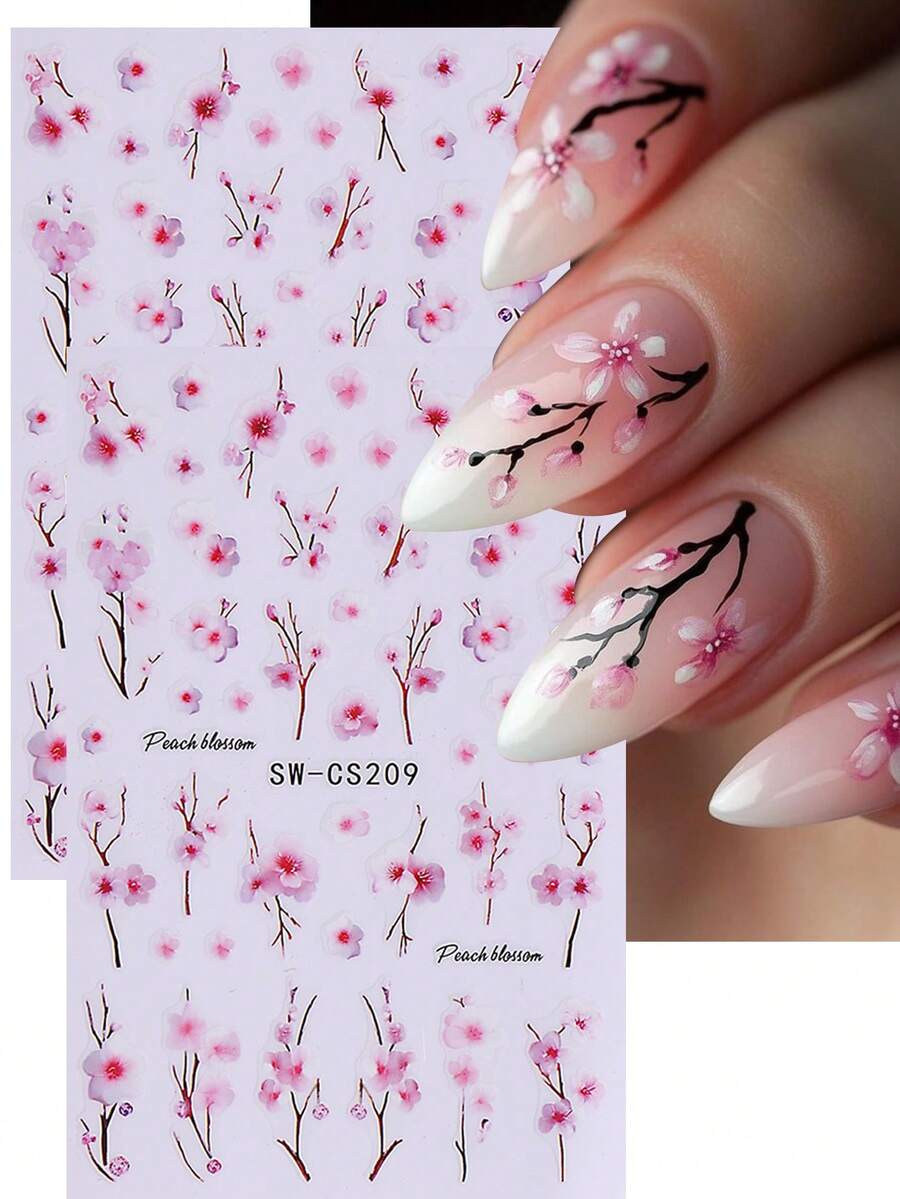 2pcs 3D Floral Nail Stickers, Pink Sakura Flower Pattern Self-Adhesive Nail Art Decorations Nails - Pink - View 1