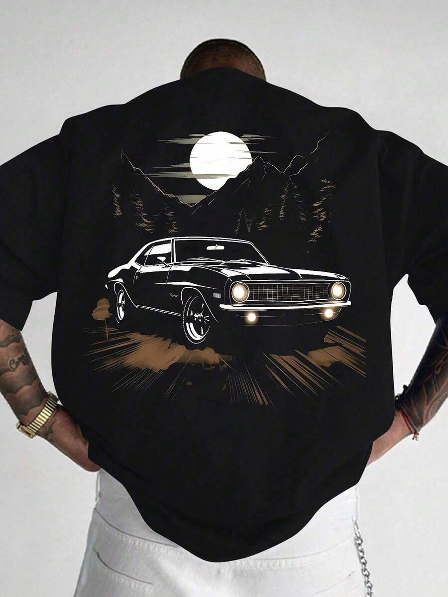 1 chiếc áo thun nam tay ngắn dáng rộng in họa tiết thời trang | Thiết kế tinh tế | Món đồ không thể thiếu cho mùa hè | Dễ phối đồ, thể hiện phong cách của bạn - màu đen - Xem 1