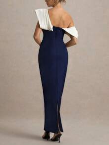 Women's Elegant Party/Date Night Asymmetrical Neck Ruffle Fitted Colorblock Formal Evening Dress Wedding Spring - Navy Blue - View 3