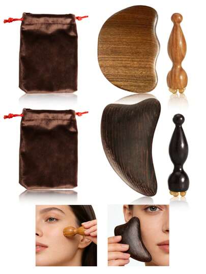 2/3pcs/Set Sandalwood Material Facial Massage Tool Set, Includes Gua Sha Board, Massage Stick, Storage Bag, Suitable For Face, Eyes, Meridian Massage, Whole Body Muscle Relaxation